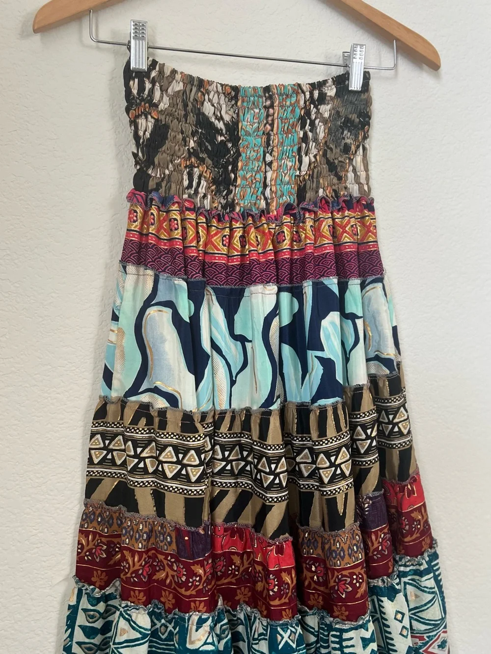 Recycled Silk Blend Floral Patchwork Tiered Ruffle Skirt Free Size Gypsy Boho